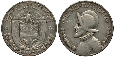 Wall Mural - Panama silver coin 1/2 half balboa 1930, bust of Balboa in cuirass and helmet, arms, shield, flags, eagle, flanked by purity and weight,