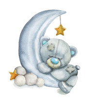 Watercolor Sleeping Gray Bear On The Moon. Illustration Of A Sleeping Bear Cub. Can Be Used For Baby Shower Card, Birthday Card Or For Newborn Poster.