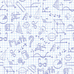Seamless pattern on the theme of the school, of education and of the subject mathematics, the blue hand-drawn graphics, formulas, and icons on on the clean writing-book sheet in a cage