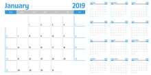 Calendar Planner 2019 Template Vector Illustration All 12 Months Week Starts On Sunday And Indicate Weekends On Saturday And Sunday