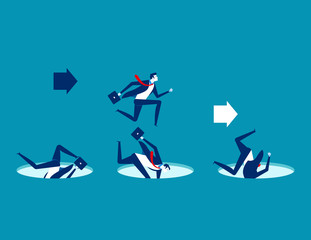 Wall Mural - Leader avoiding pitfalls. Concept business vector business illustration. Flat character design, Trapped, Leadership, Cartoon business style.