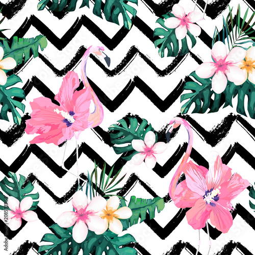 Exotic summer print. Seamless stripe pattern with tropical leaves , flowers a...