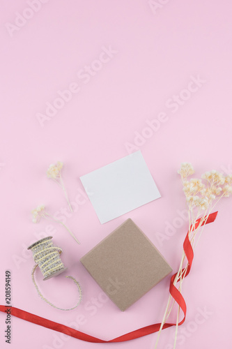 Blank White Card Brown Gift Box And Rope Decorate With White