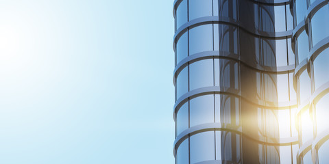 Poster - 3D stimulate of high rise curve glass building and dark steel window system on blue clear sky background,Business concept of future architecture,lookup to the angle of the corner building.