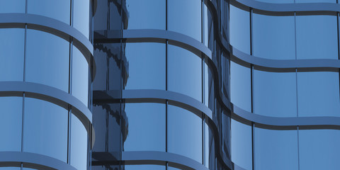 Aufkleber - 3D stimulate of high rise curve glass building and dark steel window system on blue clear sky background,Business concept of future architecture,lookup to the angle of the corner building.