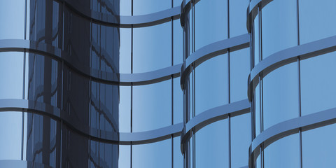 Poster - 3D stimulate of high rise curve glass building and dark steel window system on blue clear sky background,Business concept of future architecture,lookup to the angle of the corner building.