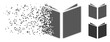 Gray vector open book icon in fractured, pixelated halftone and undamaged whole versions. Disintegration effect uses rectangle particles. Particles are organized into dissolving open book pictogram.