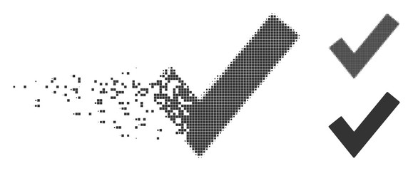 Fototapete - Grey vector OK tick icon in dispersed, pixelated halftone and undamaged entire versions. Disappearing effect uses rectangular dots. Pieces are organized into disappearing OK tick symbol.