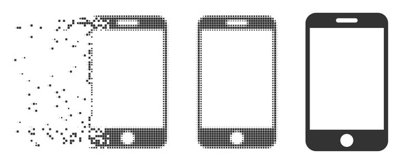Fototapete - Gray vector smartphone icon in dissolved, pixelated halftone and undamaged solid versions. Disintegration effect uses square dots. Elements are combined into dissipated smartphone pictogram.