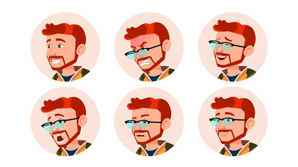 Wall Mural - Man Avatar People Vector. Comic Emotions. Red Head, Ginger Flat Handsome Manager. Happy, Unhappy. Laugh, Angry. Cartoon Character Illustration