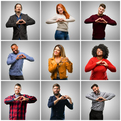 Wall Mural - Group of mixed people, women and men happy showing love with hands in heart shape expressing healthy and marriage symbol