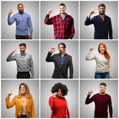 Sticker - Group of mixed people, women and men holding something very tiny, size concept