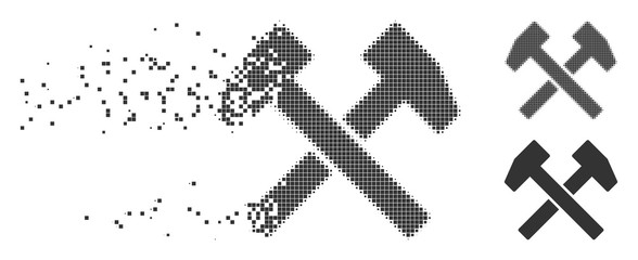 Fototapete - Gray vector work hammers icon in dissolved, dotted halftone and undamaged solid variants. Disintegration effect involves square dots. Points are composed into disappearing work hammers shape.