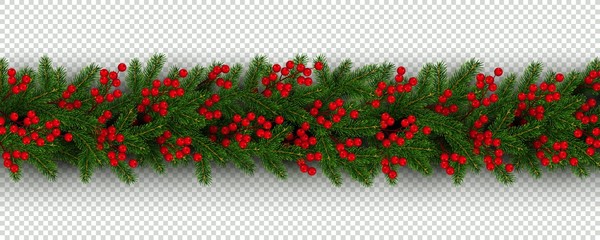 Wall Mural - Christmas and New Year border of realistic branches of Christmas tree and holly berries