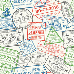 Travel visa airport stamps seamless pattern. Traveling document, vise or passport rubber stamp patterns vector background