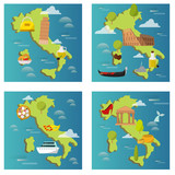 Fototapeta Dinusie - Italy travel map vector attraction tourist symbols sightseeing world italian architecture elements illustration.