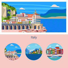 Amalfi. Seaside town in Italy. Vector illustration.