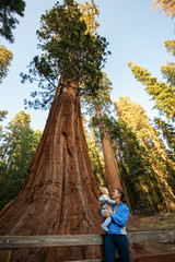 Poster - Mother with infant visit Sequoia national park in California, USA