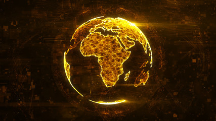Fototapete - Digital abstract globe made of plexus glowing lines. Business technology structure of the orange lines, dots and particles. Africa continent. 3d rendering
