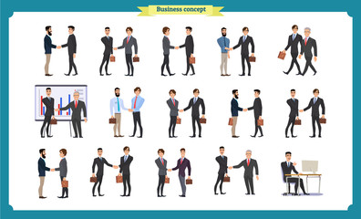 Wall Mural - Man's handshake. Business people teamwork, set of Businessmen in different poses, standing, arms crossed, handshaking, cartoon flat-style vector illustration isolated. 