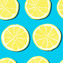 Wall Mural - Trendy minimal summer seamless pattern with whole, sliced fresh fruit lemon on color background