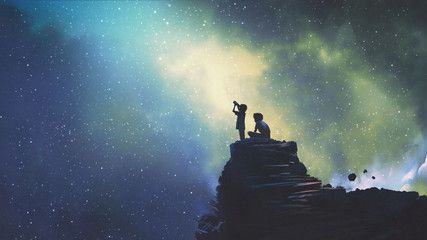 night scene of two brothers outdoors, llittle boy looking through a telescope at stars in the sky, d