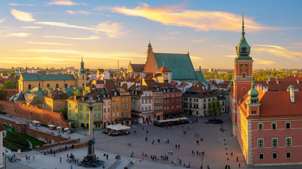 warsaw, royal castle and old town at sunset