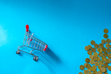 Shopping and e-commerce concept.Saving Money Concept. Shopping trolley or cart with coin.