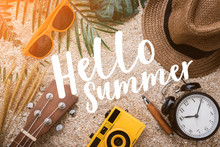 Summer Vacation Background Concept With Travel Stuff Items On Sand Beach Texture Background Color Tone Image