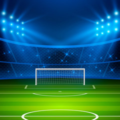  Soccer stadium. Football arena field with goal and bright stadium lights. Football World Cup. Vector illustration