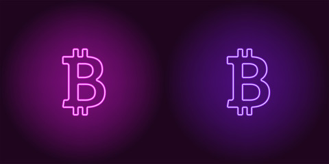 Wall Mural - Neon icon of Purple and Violet Bitcoin