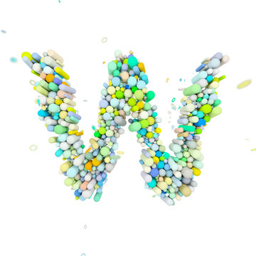 Alphabet letter W uppercase. Funny font made of plastic geometric shapes. 3D render isolated on white background.