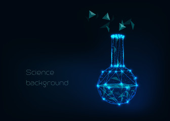 Wall Mural - Scientific background with low poly wireframe beaker, tes tube and abstract tetrahedral structure compound.