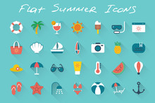 Flat Summer Icons Set On Blue Background