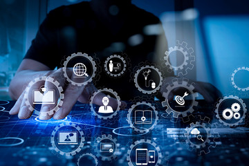 Poster - top view of businessman hand working with modern technology and digital layer effect as business strategy concept