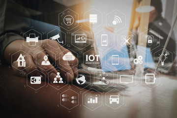 Poster - business man hand working on digital tablet computer and smart phone with digital layer business strategy and social media diagram on wooden desk