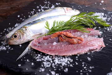 Plate with sardines cherry tomatoes and aromatic herbs  