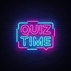 Wall Mural - Quiz Time announcement poster neon signboard vector. Pub Quiz vintage styled neon glowing letters shining, Light Banner, Questions team game.Vector illustration