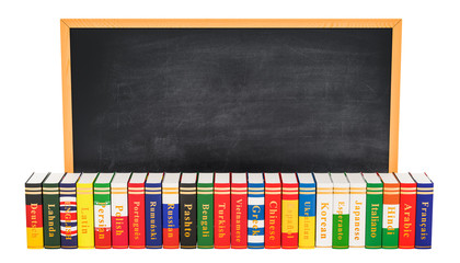 Poster - languages books with blackboard, 3d rendering