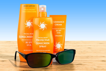 Poster - Sunscreen products with sunglasses on the wooden table. 3D rendering