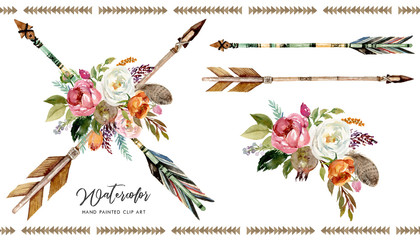 Watercolor boho floral illustration set - arrows with vivid colorful flower bouquets for wedding, anniversary, birthday, invitations, tribal native american symbol, bohemian, indian, DIY.