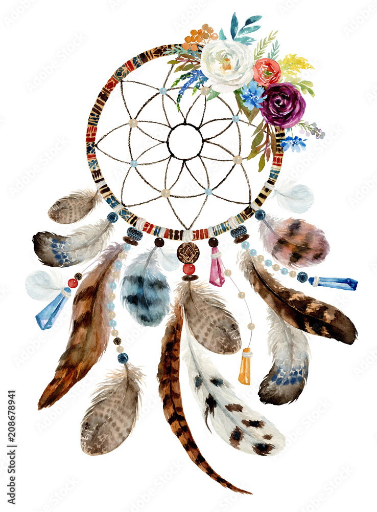 Isolated watercolor decoration bohemian dreamcatcher, floral boho feathers decoration, native flower chic design, mystery ethnic tribal print, american culture design, gypsy ornament, dream catcher. - obrazy, fototapety, plakaty 