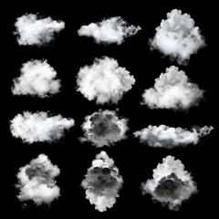 set of white clouds on black background