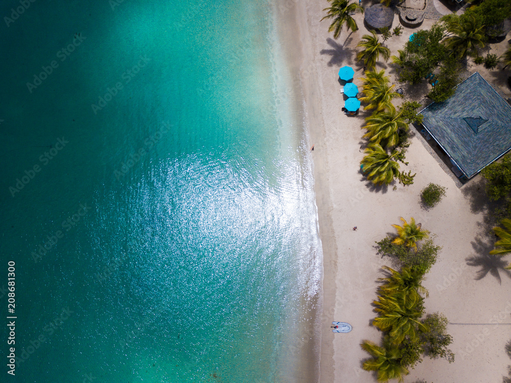 Aerial view of Mayreau beach in St-Vincent and the Grenadines - Tobago Cays. The paradise beach with palm trees and white sand beach - obrazy, fototapety, plakaty 