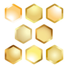 Orange Hexagonal Honeycomb Cell Metallic Button. Abstract Vector Icons