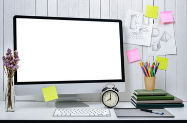 workplace background for designers with Blank white screen modern desktop computer.