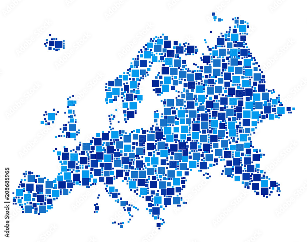 Europe map mosaic of scattered square elements in various sizes and ...