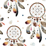 Seamless watercolor ethnic boho pattern - dream catchers and feathers on white background, Native American tribe decoration print element, isolated illustration bohemian ornament, Indian, Peru, Aztec.