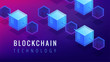 Isometric blockchain technology landing page concept. Blockchain finance, stock exchange and global cryptocurrency mining illustration on ultraviolet background. Vector 3d isometric illustration.