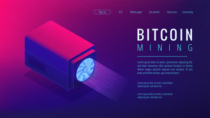 Poster - isometric bitcoin mining landing page concept. mining crypto currency, video card server farm, data 